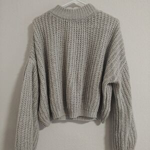 Cozy Gray Knit Sweater With Drop Shoulder And Bell Sleeve